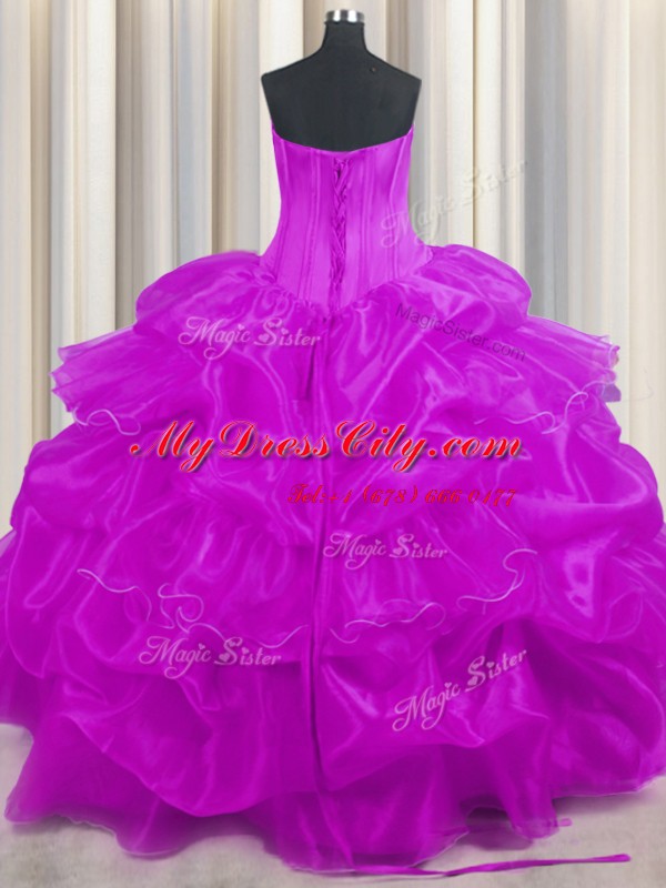 Custom Design Purple Lace Up Quinceanera Gown Beading and Ruffled Layers and Pick Ups Sleeveless Floor Length