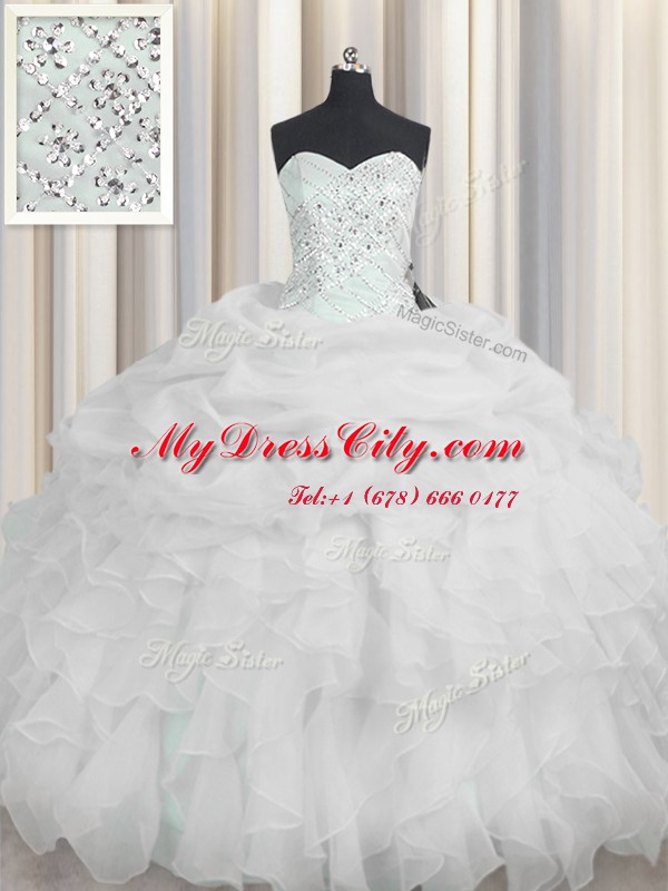 Chic White Organza Lace Up Sweetheart Sleeveless Floor Length 15th Birthday Dress Beading and Ruffles