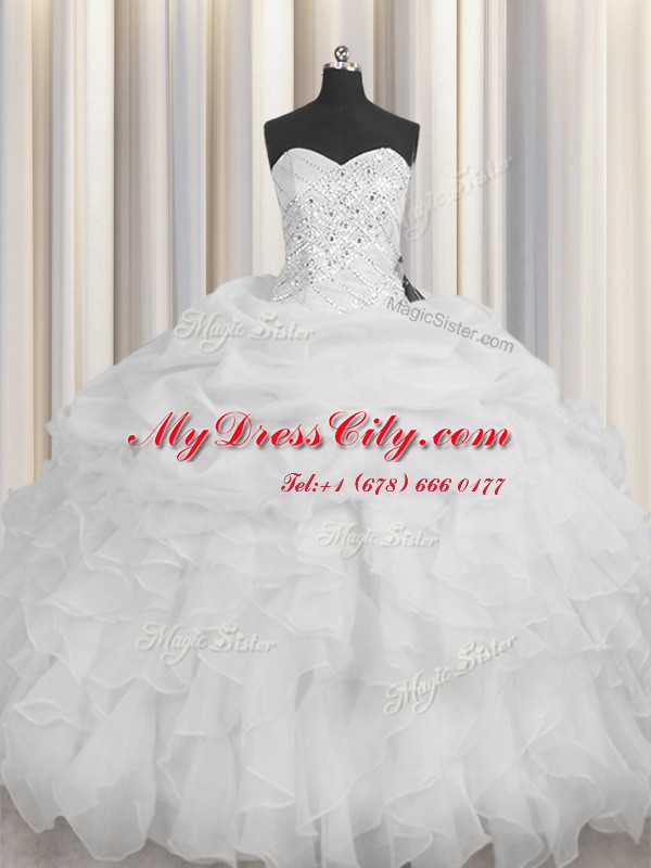 Chic White Organza Lace Up Sweetheart Sleeveless Floor Length 15th Birthday Dress Beading and Ruffles