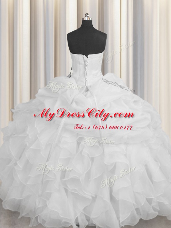 Chic White Organza Lace Up Sweetheart Sleeveless Floor Length 15th Birthday Dress Beading and Ruffles