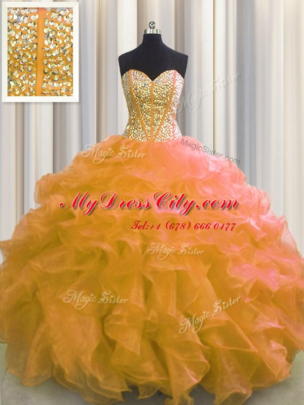 Visible Boning Orange Ball Gowns Sweetheart Sleeveless Organza Floor Length Lace Up Beading and Ruffles 15 Quinceanera Dress