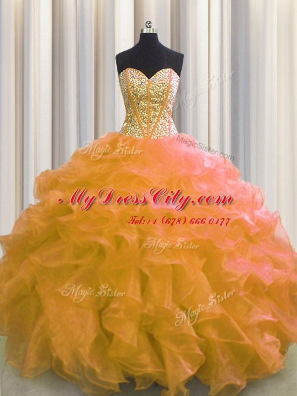 Visible Boning Orange Ball Gowns Sweetheart Sleeveless Organza Floor Length Lace Up Beading and Ruffles 15 Quinceanera Dress