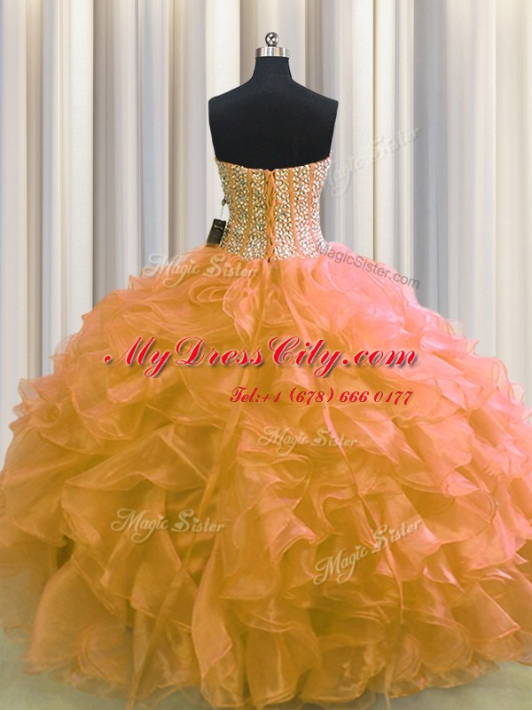 Visible Boning Orange Ball Gowns Sweetheart Sleeveless Organza Floor Length Lace Up Beading and Ruffles 15 Quinceanera Dress