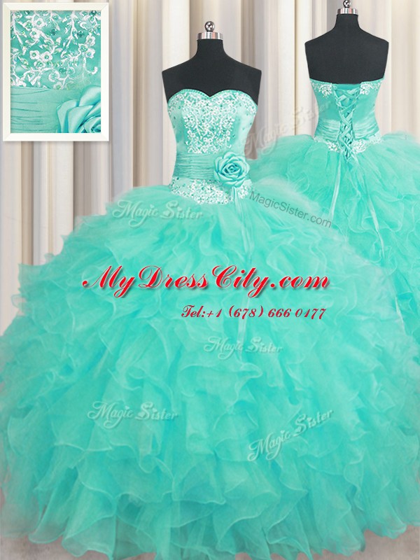 Lovely Handcrafted Flower Sweetheart Sleeveless Lace Up 15th Birthday Dress Aqua Blue Organza