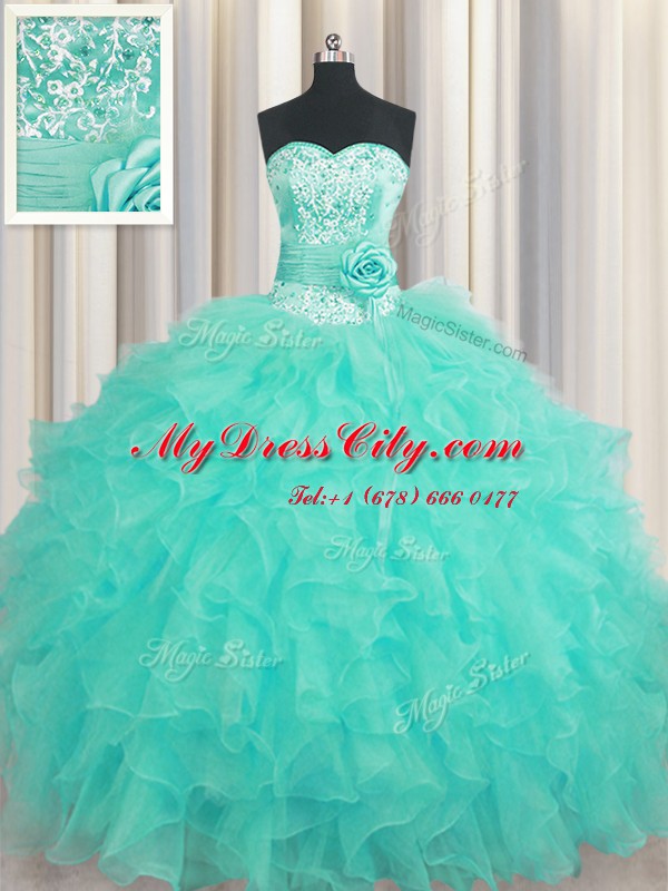 Lovely Handcrafted Flower Sweetheart Sleeveless Lace Up 15th Birthday Dress Aqua Blue Organza