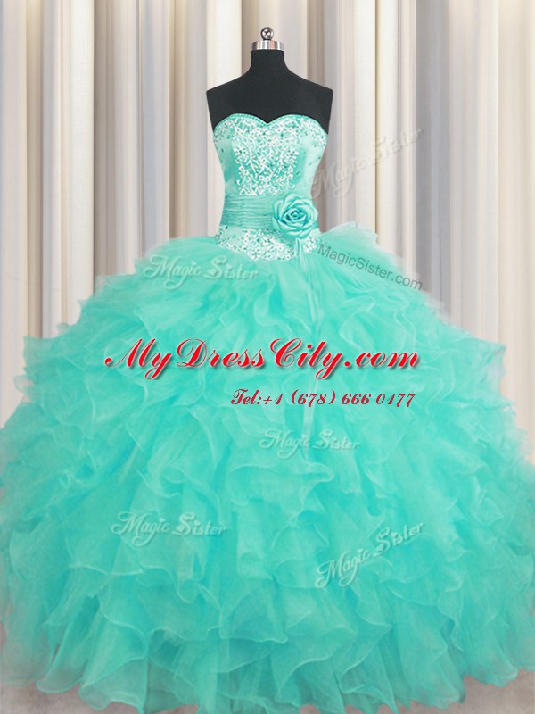 Lovely Handcrafted Flower Sweetheart Sleeveless Lace Up 15th Birthday Dress Aqua Blue Organza