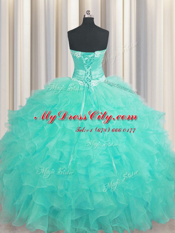 Lovely Handcrafted Flower Sweetheart Sleeveless Lace Up 15th Birthday Dress Aqua Blue Organza