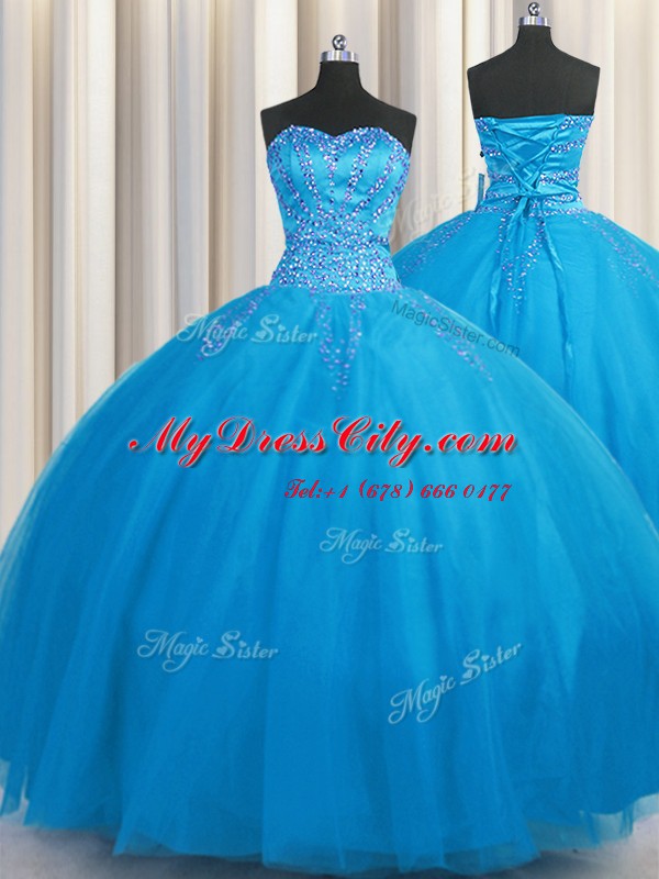 Nice Big Puffy Beading Ball Gown Prom Dress Blue Lace Up Sleeveless Floor Length