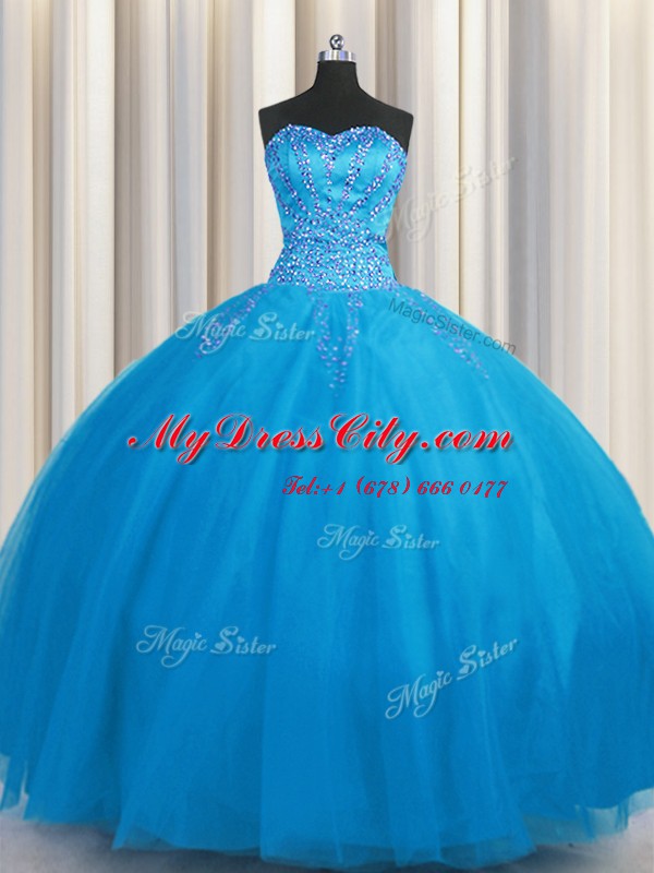 Nice Big Puffy Beading Ball Gown Prom Dress Blue Lace Up Sleeveless Floor Length