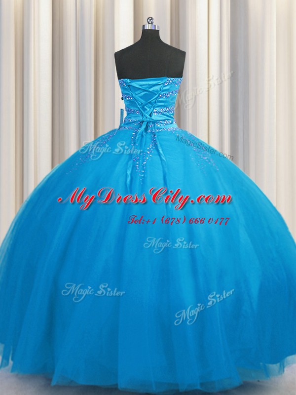 Nice Big Puffy Beading Ball Gown Prom Dress Blue Lace Up Sleeveless Floor Length