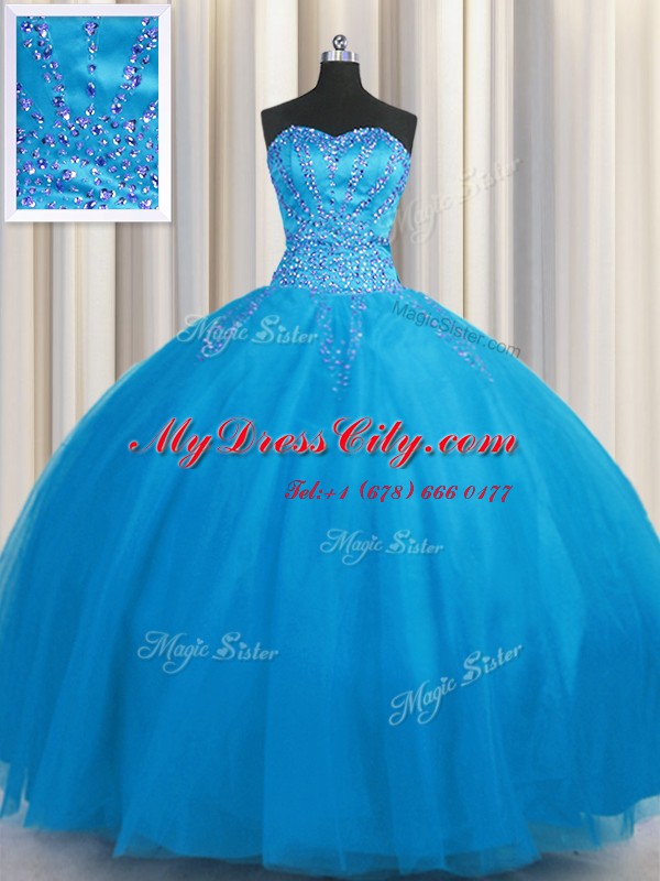 Nice Big Puffy Beading Ball Gown Prom Dress Blue Lace Up Sleeveless Floor Length