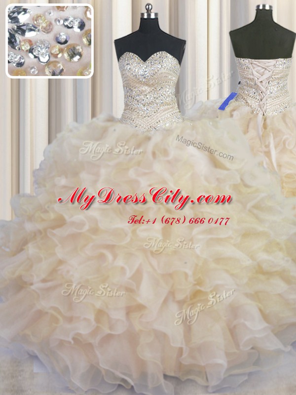 Champagne Quinceanera Gown Military Ball and Sweet 16 and Quinceanera and For with Beading and Ruffles Sweetheart Sleeveless Lace Up