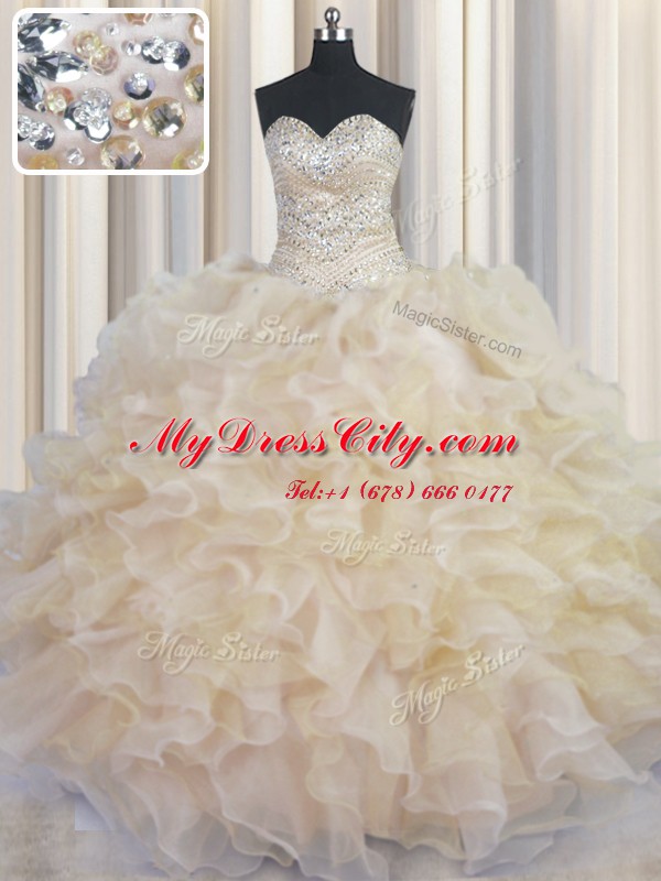 Champagne Quinceanera Gown Military Ball and Sweet 16 and Quinceanera and For with Beading and Ruffles Sweetheart Sleeveless Lace Up