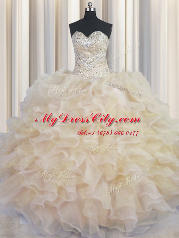 Champagne Quinceanera Gown Military Ball and Sweet 16 and Quinceanera and For with Beading and Ruffles Sweetheart Sleeveless Lace Up