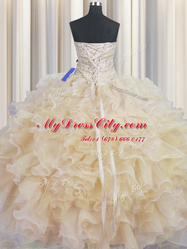 Champagne Quinceanera Gown Military Ball and Sweet 16 and Quinceanera and For with Beading and Ruffles Sweetheart Sleeveless Lace Up