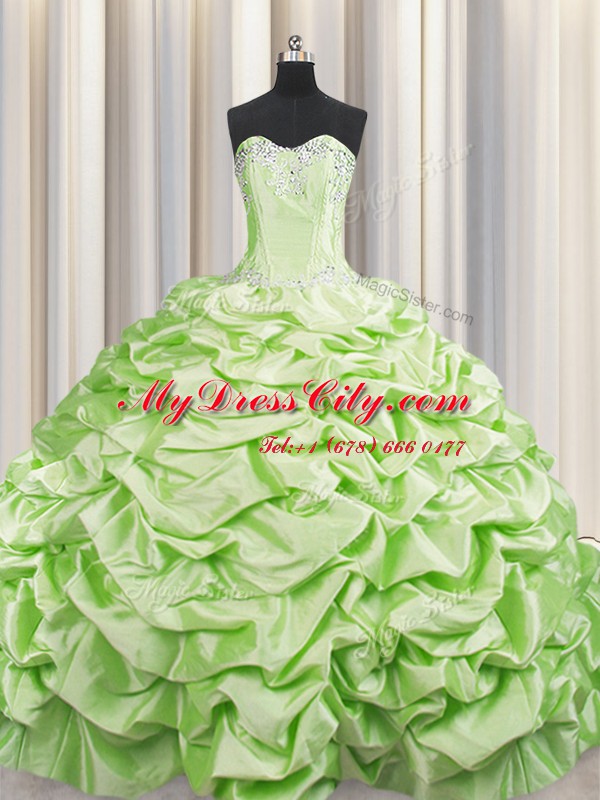 Brush Train Yellow Green Lace Up Sweet 16 Dress Beading and Pick Ups Sleeveless Sweep Train