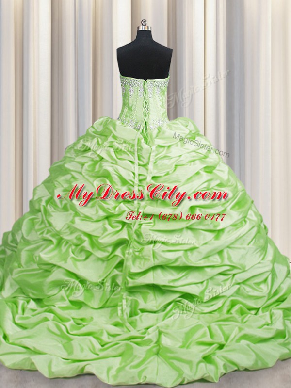 Brush Train Yellow Green Lace Up Sweet 16 Dress Beading and Pick Ups Sleeveless Sweep Train