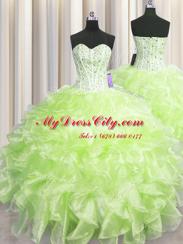 Custom Fit Visible Boning Sleeveless Floor Length Beading and Ruffles Zipper Ball Gown Prom Dress with Yellow Green