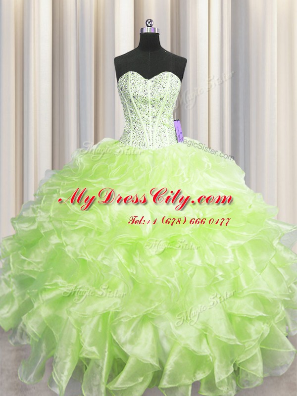 Custom Fit Visible Boning Sleeveless Floor Length Beading and Ruffles Zipper Ball Gown Prom Dress with Yellow Green