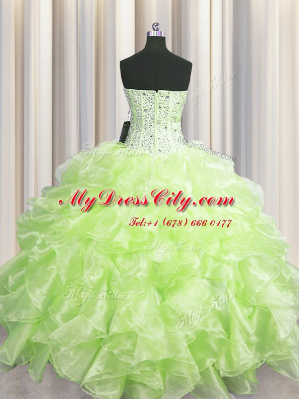 Custom Fit Visible Boning Sleeveless Floor Length Beading and Ruffles Zipper Ball Gown Prom Dress with Yellow Green