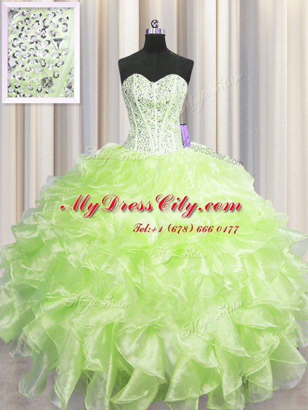 Custom Fit Visible Boning Sleeveless Floor Length Beading and Ruffles Zipper Ball Gown Prom Dress with Yellow Green