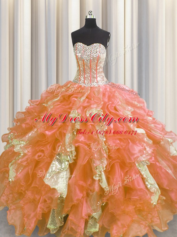 Visible Boning Multi-color Ball Gowns Sweetheart Sleeveless Organza and Sequined Floor Length Lace Up Beading and Ruffles and Sequins Ball Gown Prom Dress