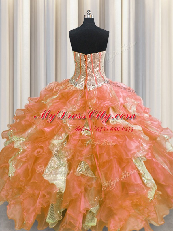 Visible Boning Multi-color Ball Gowns Sweetheart Sleeveless Organza and Sequined Floor Length Lace Up Beading and Ruffles and Sequins Ball Gown Prom Dress