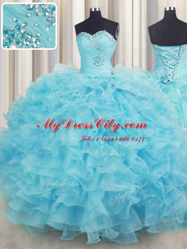 Sophisticated Organza Sweetheart Sleeveless Lace Up Beading and Ruffles Quinceanera Dress in Aqua Blue