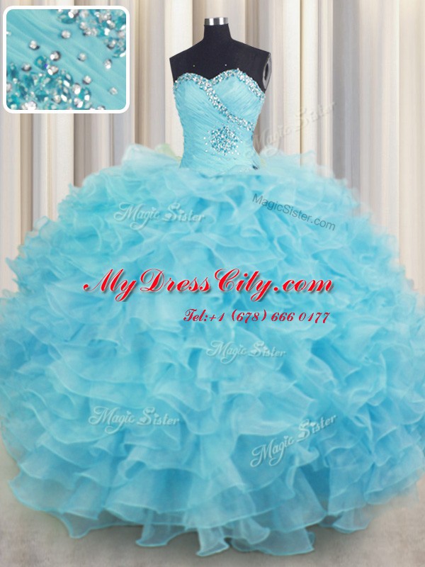 Sophisticated Organza Sweetheart Sleeveless Lace Up Beading and Ruffles Quinceanera Dress in Aqua Blue