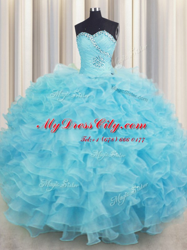 Sophisticated Organza Sweetheart Sleeveless Lace Up Beading and Ruffles Quinceanera Dress in Aqua Blue