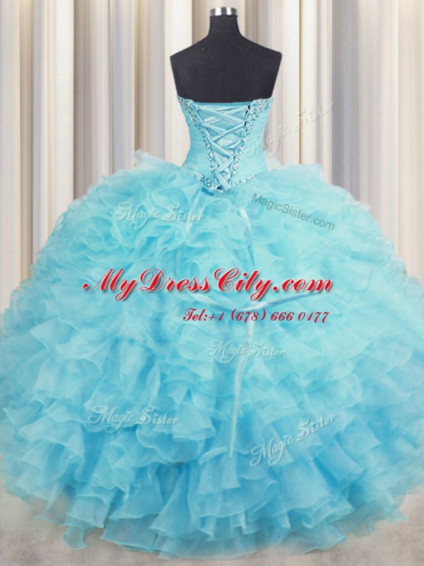 Sophisticated Organza Sweetheart Sleeveless Lace Up Beading and Ruffles Quinceanera Dress in Aqua Blue