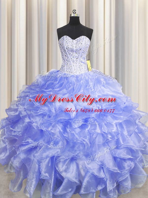 Flare Visible Boning Zipper Up Lavender Ball Gowns Beading and Ruffles Ball Gown Prom Dress Zipper Organza Sleeveless Floor Length