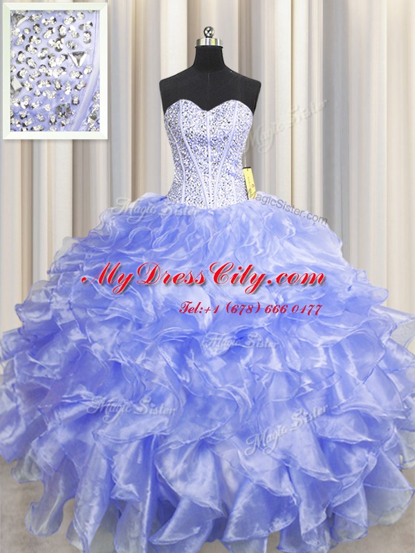 Flare Visible Boning Zipper Up Lavender Ball Gowns Beading and Ruffles Ball Gown Prom Dress Zipper Organza Sleeveless Floor Length