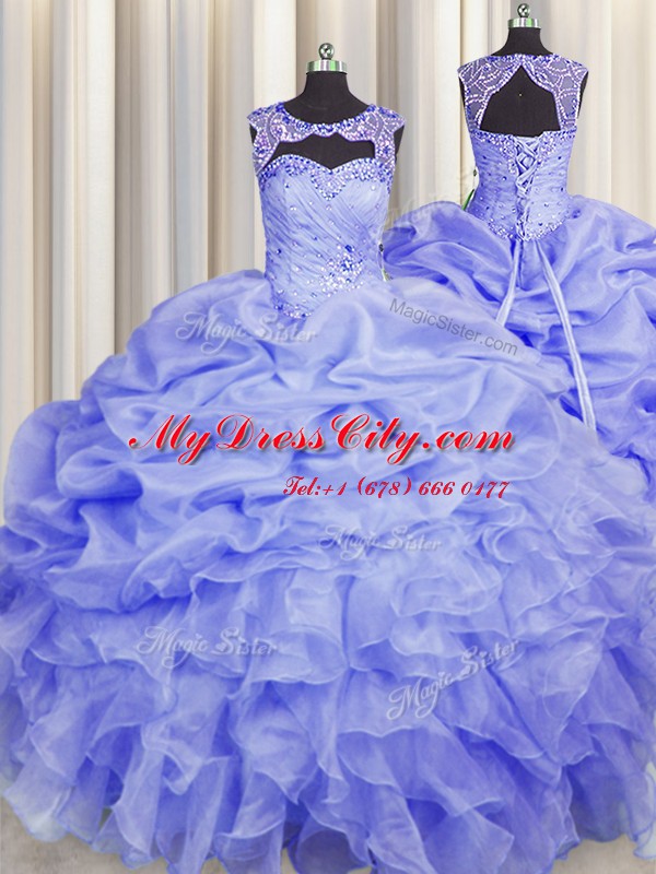 Ideal Organza Scoop Sleeveless Lace Up Beading and Pick Ups Vestidos de Quinceanera in Blue