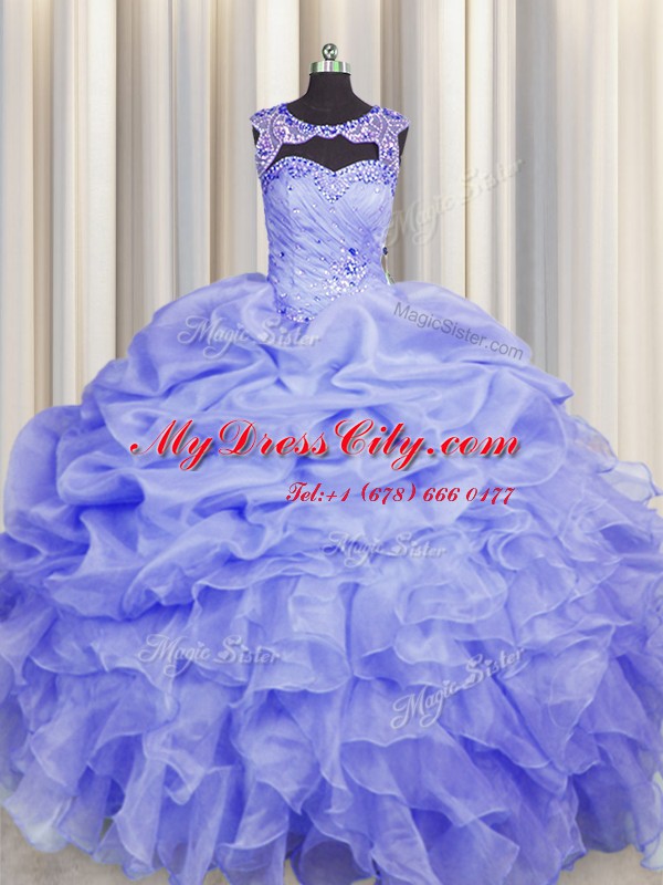 Ideal Organza Scoop Sleeveless Lace Up Beading and Pick Ups Vestidos de Quinceanera in Blue