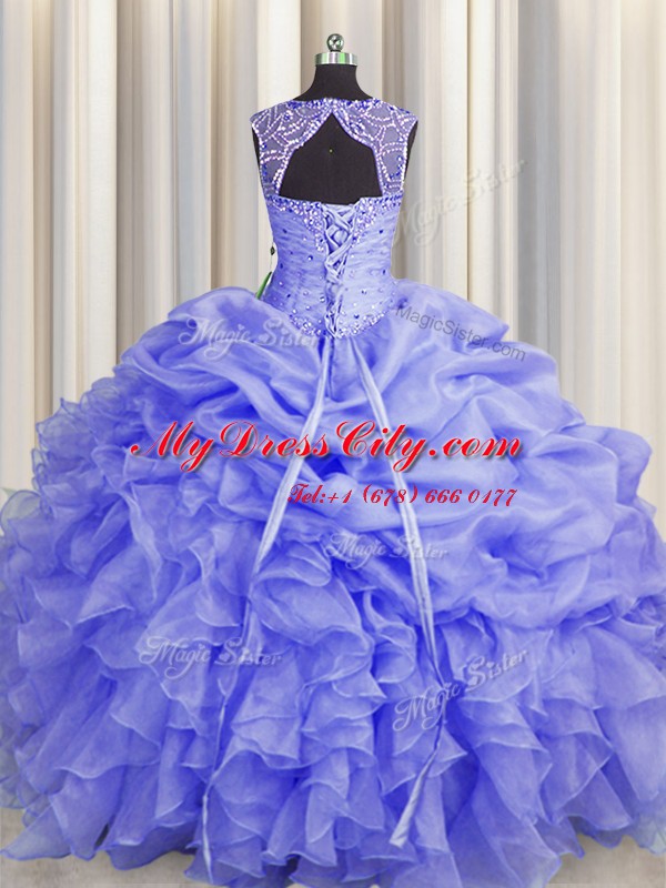 Ideal Organza Scoop Sleeveless Lace Up Beading and Pick Ups Vestidos de Quinceanera in Blue