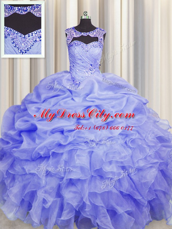 Ideal Organza Scoop Sleeveless Lace Up Beading and Pick Ups Vestidos de Quinceanera in Blue