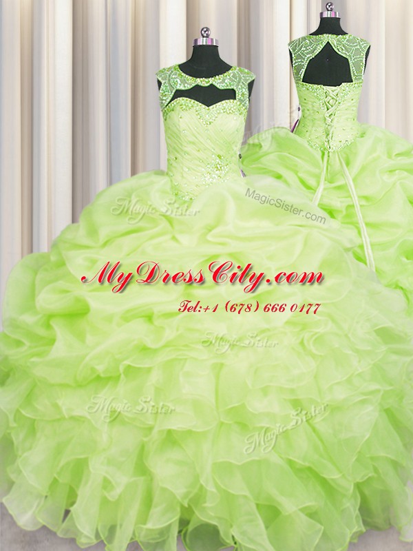 Clearance Yellow Green Organza Lace Up Scoop Sleeveless Floor Length Sweet 16 Dresses Beading and Pick Ups