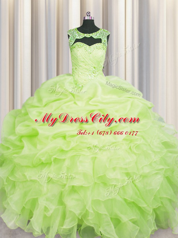 Clearance Yellow Green Organza Lace Up Scoop Sleeveless Floor Length Sweet 16 Dresses Beading and Pick Ups