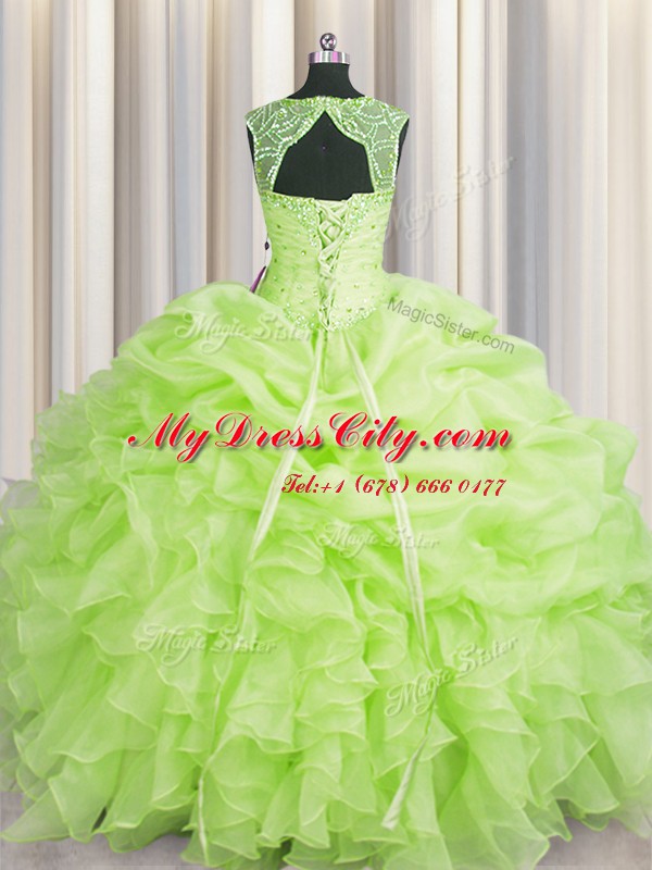 Clearance Yellow Green Organza Lace Up Scoop Sleeveless Floor Length Sweet 16 Dresses Beading and Pick Ups