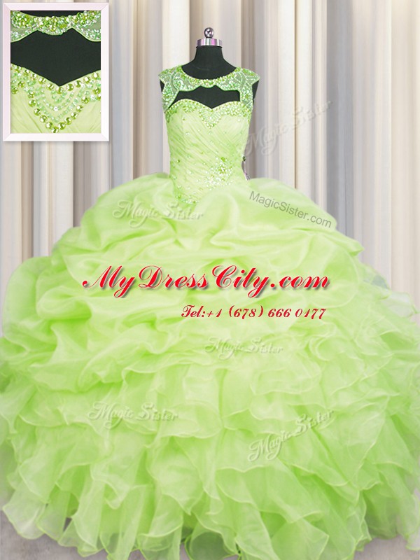 Clearance Yellow Green Organza Lace Up Scoop Sleeveless Floor Length Sweet 16 Dresses Beading and Pick Ups