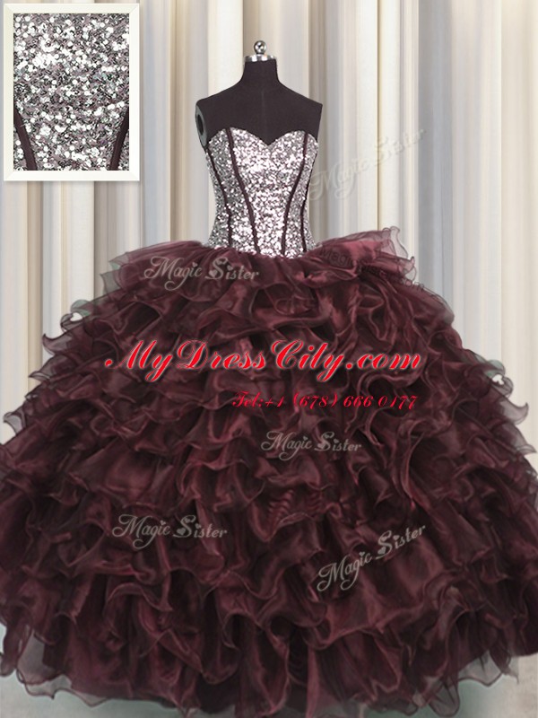 Latest Visible Boning Brown Sweetheart Neckline Ruffles and Sequins Vestidos de Quinceanera Sleeveless Lace Up