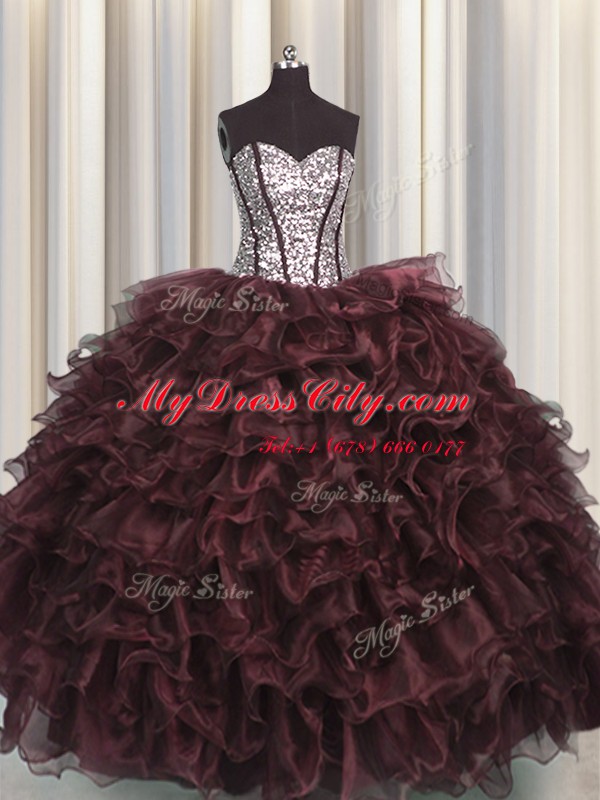 Latest Visible Boning Brown Sweetheart Neckline Ruffles and Sequins Vestidos de Quinceanera Sleeveless Lace Up