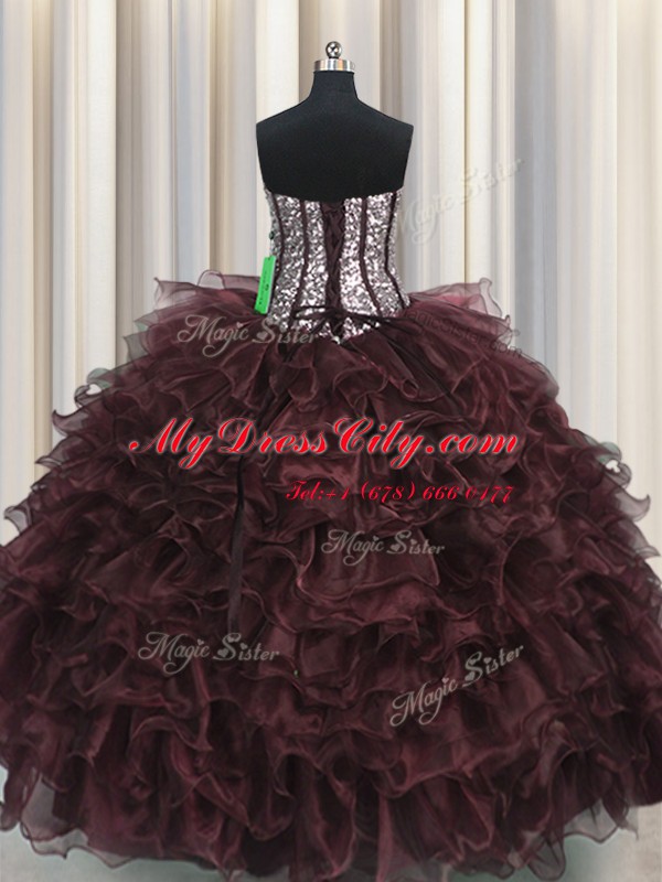 Latest Visible Boning Brown Sweetheart Neckline Ruffles and Sequins Vestidos de Quinceanera Sleeveless Lace Up