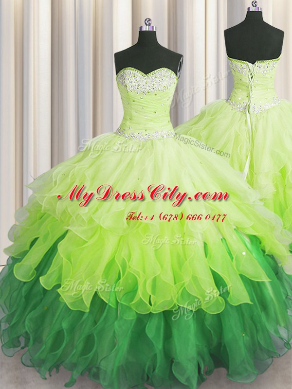 Latest Sleeveless Floor Length Beading and Ruffles and Ruffled Layers and Sequins Lace Up 15th Birthday Dress with Multi-color