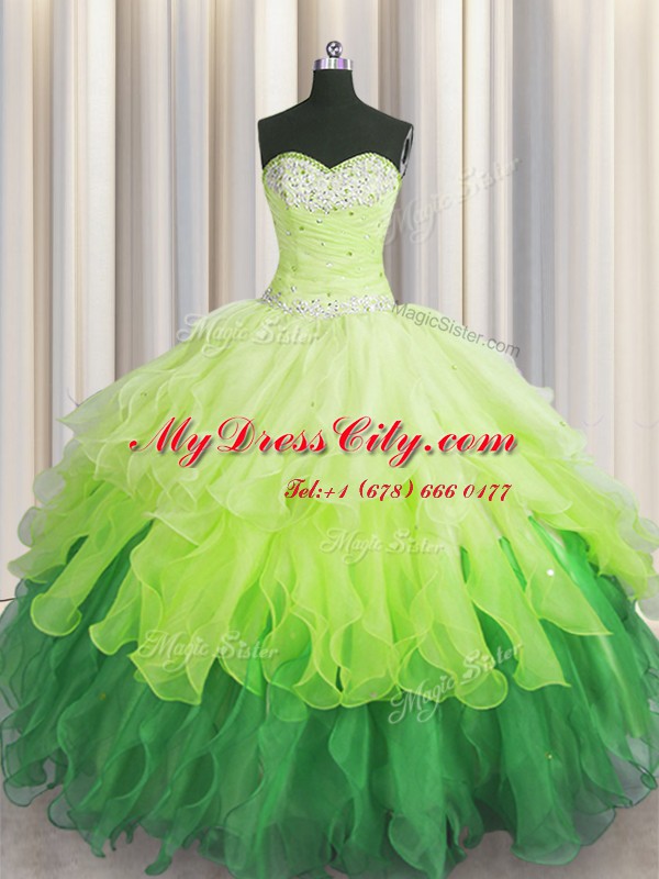 Latest Sleeveless Floor Length Beading and Ruffles and Ruffled Layers and Sequins Lace Up 15th Birthday Dress with Multi-color