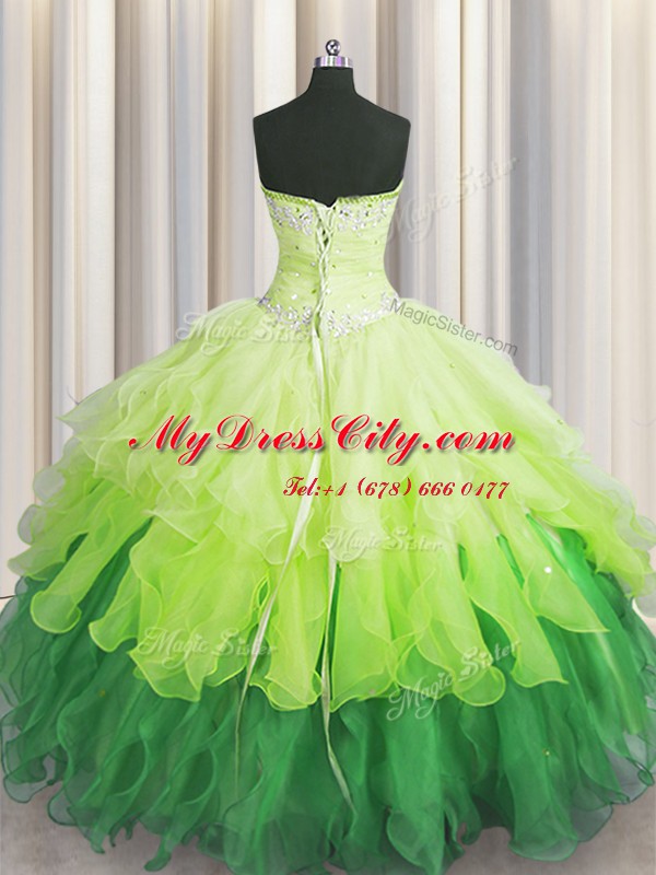 Latest Sleeveless Floor Length Beading and Ruffles and Ruffled Layers and Sequins Lace Up 15th Birthday Dress with Multi-color