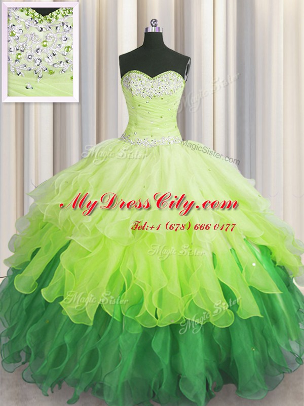 Latest Sleeveless Floor Length Beading and Ruffles and Ruffled Layers and Sequins Lace Up 15th Birthday Dress with Multi-color