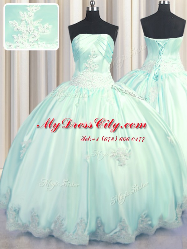 Taffeta Strapless Sleeveless Lace Up Beading and Appliques Quinceanera Dresses in Apple Green