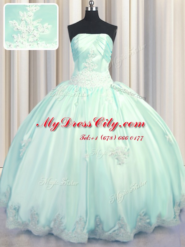 Taffeta Strapless Sleeveless Lace Up Beading and Appliques Quinceanera Dresses in Apple Green